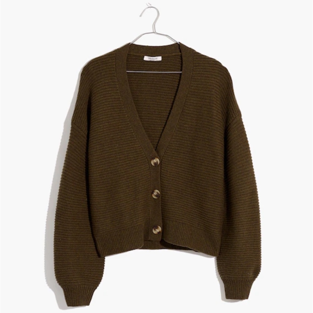 Madewell Olive Green Ribbed V-Neck Button Cardigan - Picture 1 of 5
